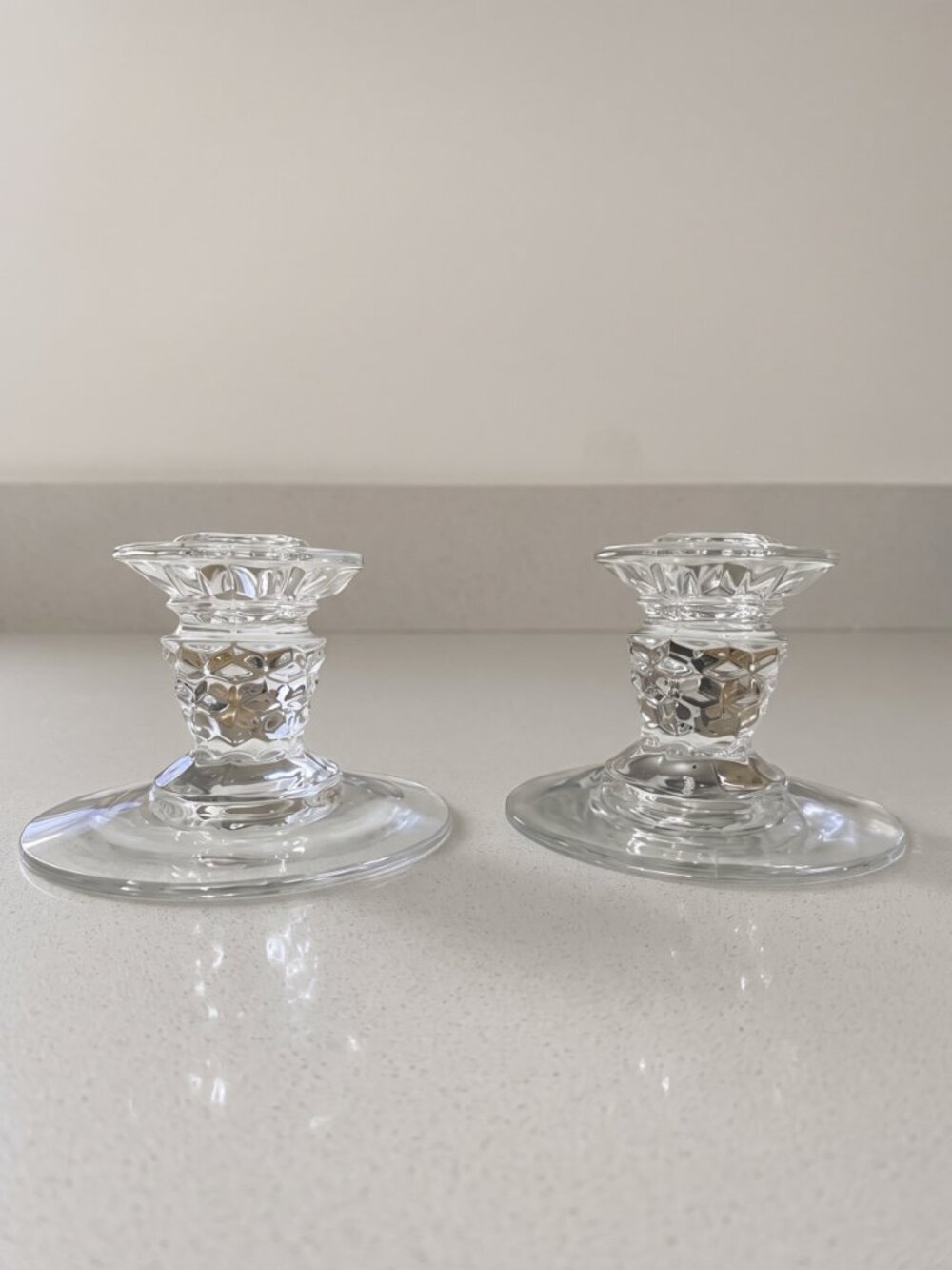 Vintage Fostoria American Clear Glass Candlestick Holders 3” Pair